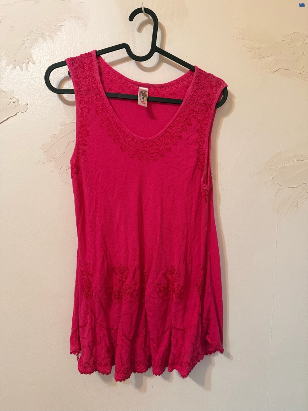 Boho Sleeveless Embroidered Tank Top - Hot Pink